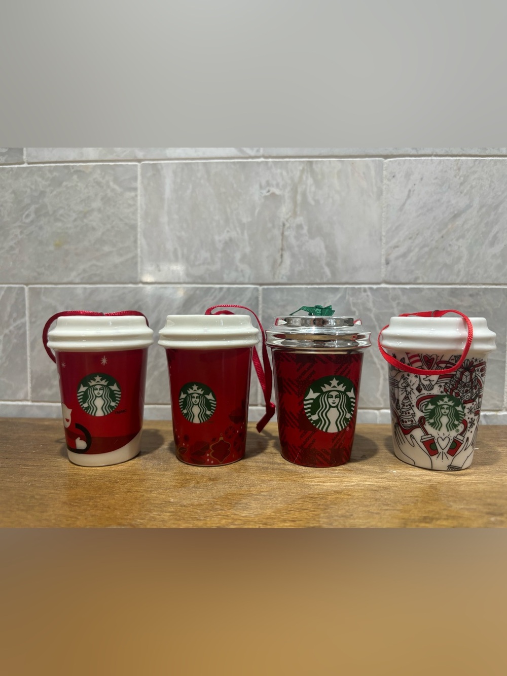 Set of 4 red Starbucks ornaments